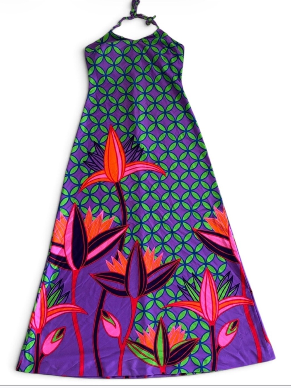 1960s 70s Vintage Purple Halter Maxi Dress with Neon Floral Print